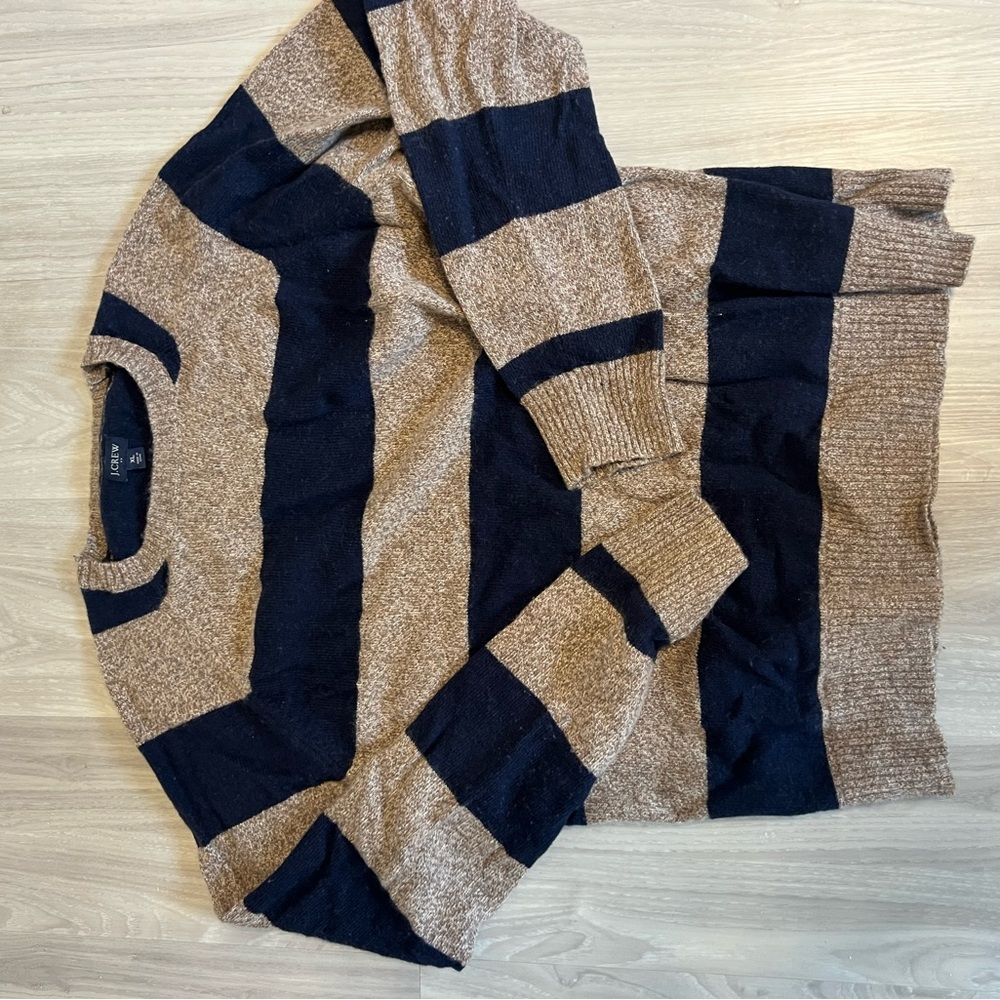 J. Crew Blue and Tan Crewneck Sweater with Striped Design